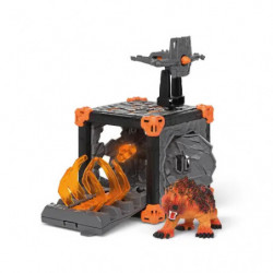 Dinosaurier-Spielset in Grau und Orange mit drehbarem Käfig und Dinosaurier-Figur aus Kunststoff.