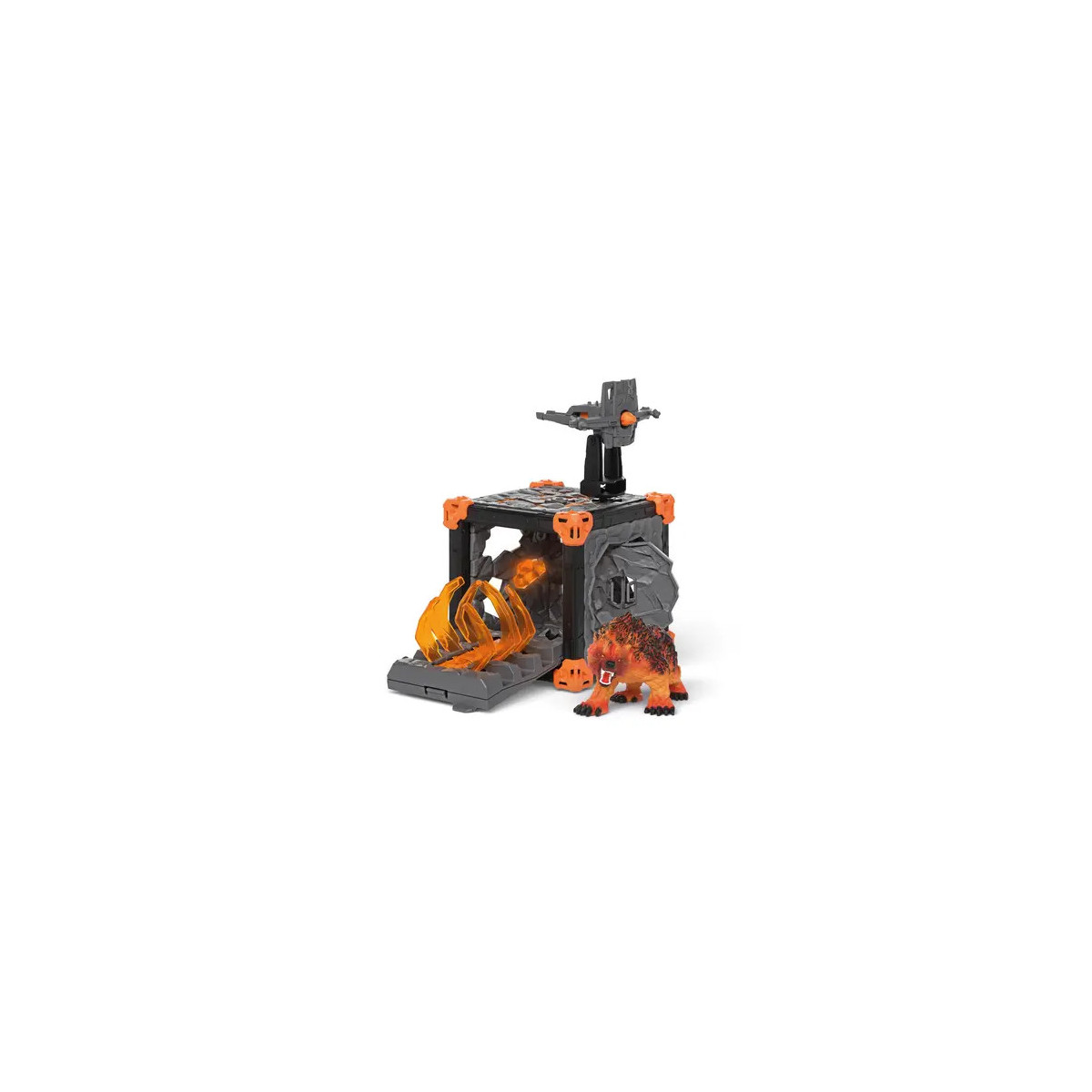 Dinosaurier-Spielset in Grau und Orange mit drehbarem Käfig und Dinosaurier-Figur aus Kunststoff.