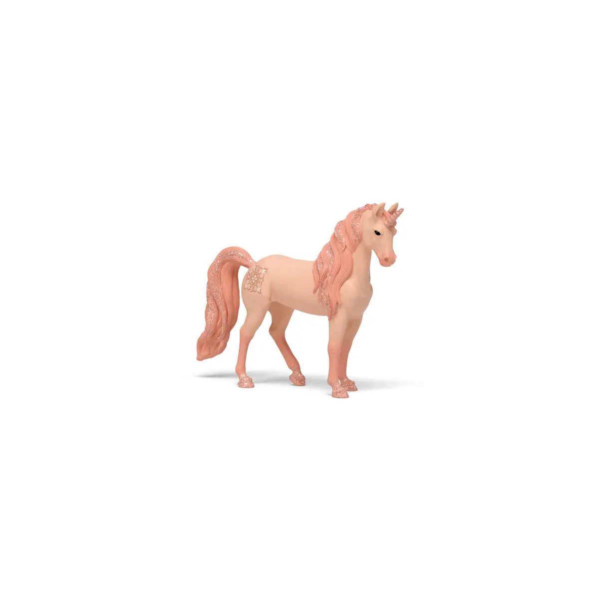 Rosa Einhornfigur mit glitzernder Mähne, Schweif und Hufen vor weißem Hintergrund.