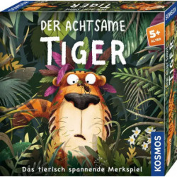Brettspiel „Der Achtsame Tiger“ mit einem gezeichneten Tiger im Dschungel auf dem Cover.