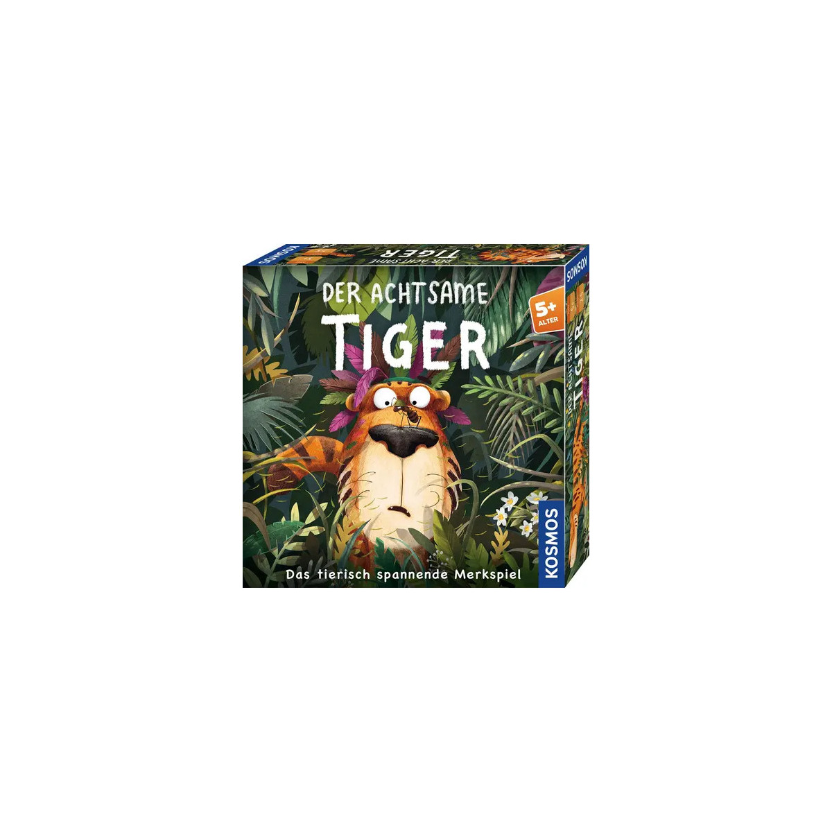 Brettspiel „Der Achtsame Tiger“ mit einem gezeichneten Tiger im Dschungel auf dem Cover.