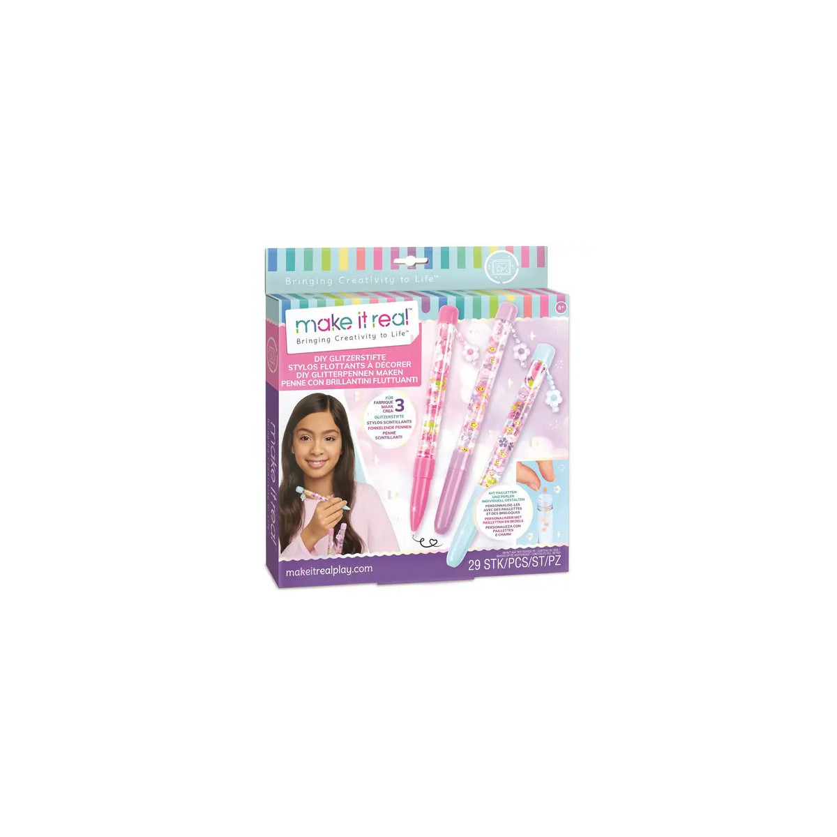 Make It Real DIY-Armband-Set mit Abbildung eines Mädchens und drei rosa Perlenstiften auf der Box-Vorderseite.