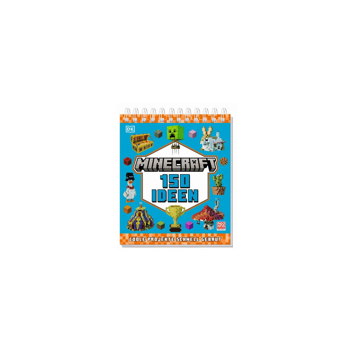 Minecraft-Buch "150 Ideen" mit blockartigen Figuren und Bauwerken auf blauem Einband.