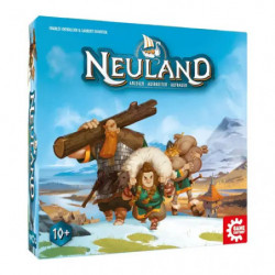 Spieleschachtel von „Neuland“ mit Comicfiguren in prähistorischer Kleidung, die Vorräte transportieren.