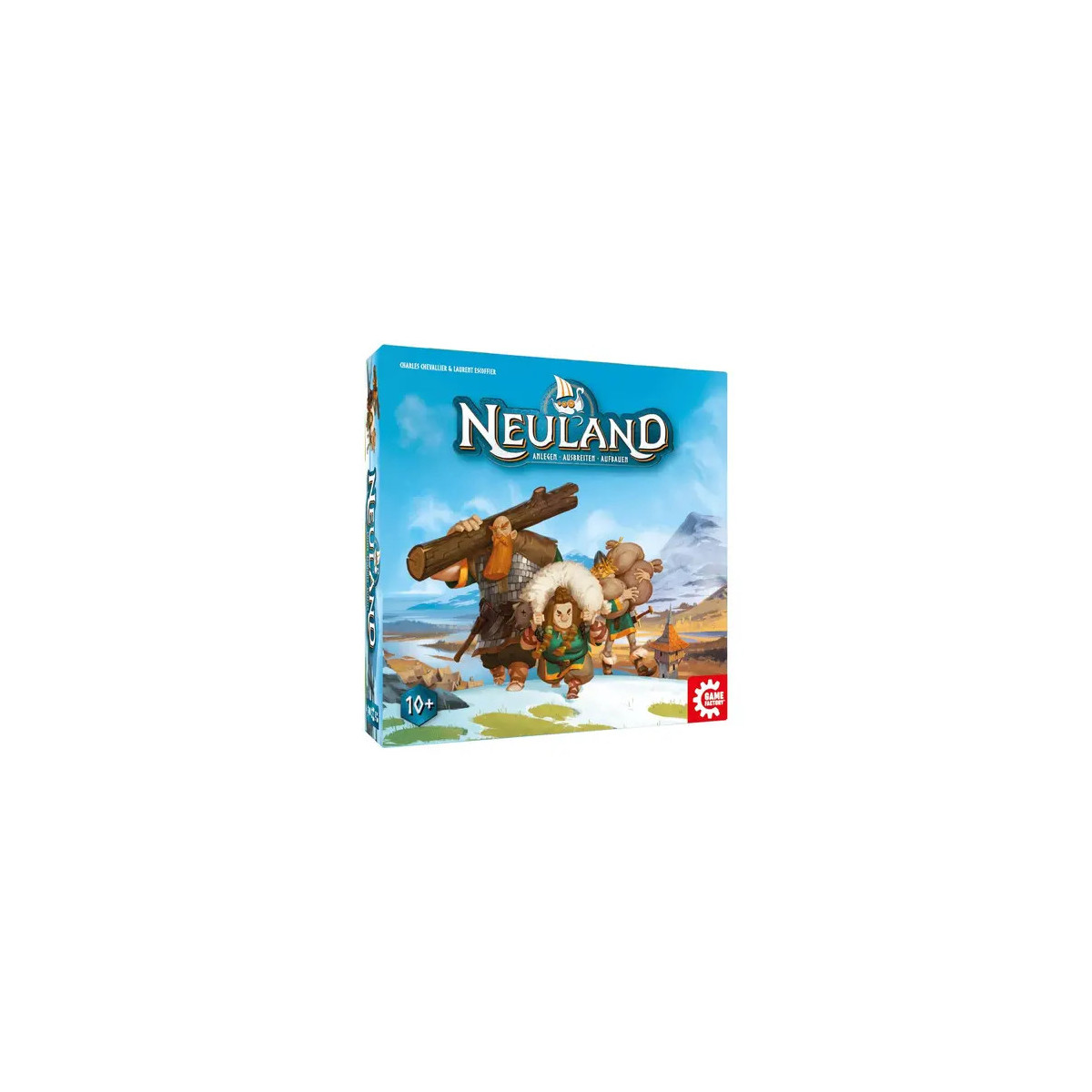 Spieleschachtel von „Neuland“ mit Comicfiguren in prähistorischer Kleidung, die Vorräte transportieren.