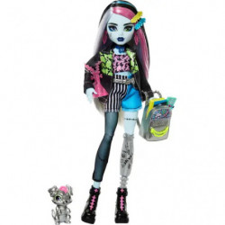 Monster High Puppe mit farbigem Outfit, rosa-blauen Haaren, kleinem Haustier und buchähnlichem Accessoire.