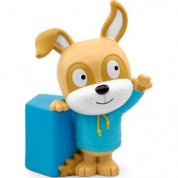 Ein Cartoon-Hund im blauen Hoodie steht winkend und fröhlich neben einem blauen Block.