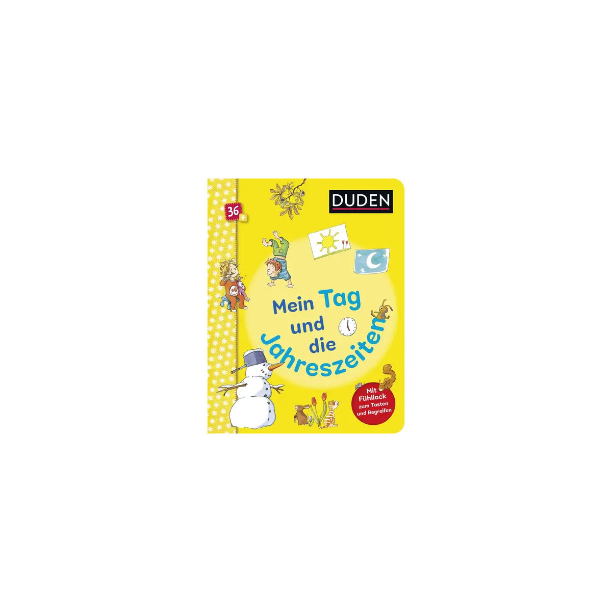 Gelbes deutsches Kinderbuch „Mein Tag und die Jahreszeiten“ mit verspielten Illustrationen.