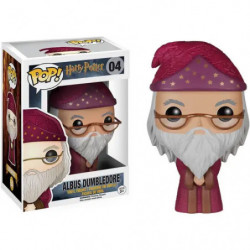 Funko Pop! Vinylfigur von Albus Dumbledore in lila Robe, neben der Box mit seinem Bild und Namen.