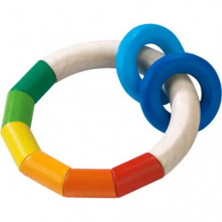 Holzring-Spielzeug mit bunten Segmenten und zwei blauen Ringen vor weißem Hintergrund.