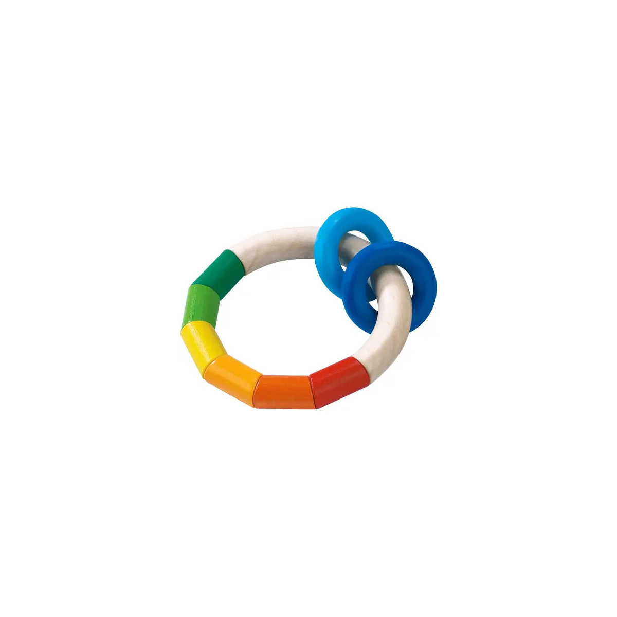 Holzring-Spielzeug mit bunten Segmenten und zwei blauen Ringen vor weißem Hintergrund.
