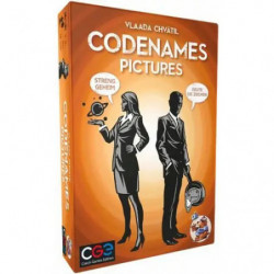 Schachtel von Codenames: Bilder mit Silhouetten zweier Personen vor orangem Hintergrund.
