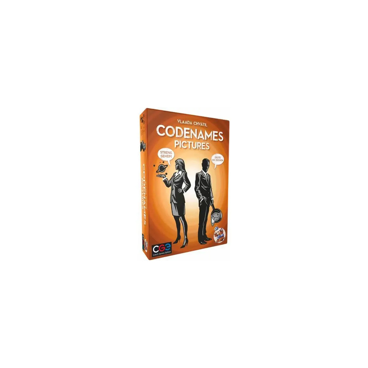 Schachtel von Codenames: Bilder mit Silhouetten zweier Personen vor orangem Hintergrund.