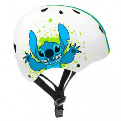 Weißer Helm mit Stitch-Motiv, grünem Spritzdesign und schwarzem, verstellbarem Kinnriemen.