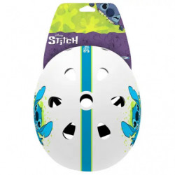 Weißer Helm mit Stitch-Motiv, grünem Spritzdesign und schwarzem, verstellbarem Kinnriemen.
