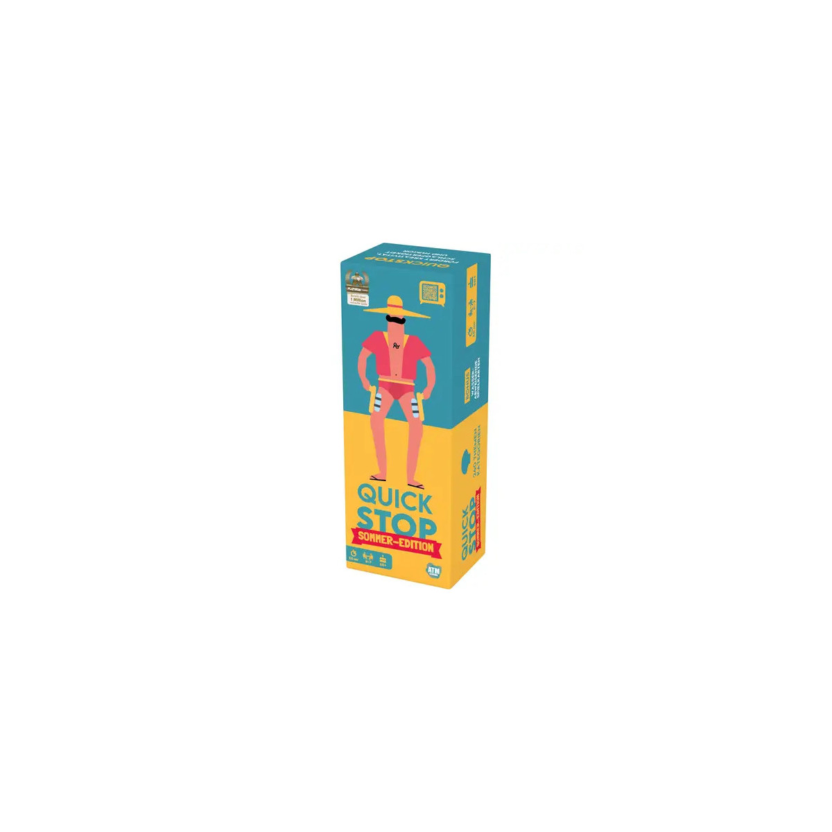 Bunte Quick Stop-Spielbox mit Cartoonfigur, die Hut und Sonnenbrille trägt.