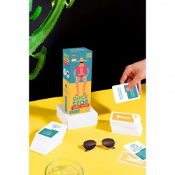 Bunte Quick Stop-Spielbox mit Cartoonfigur, die Hut und Sonnenbrille trägt.