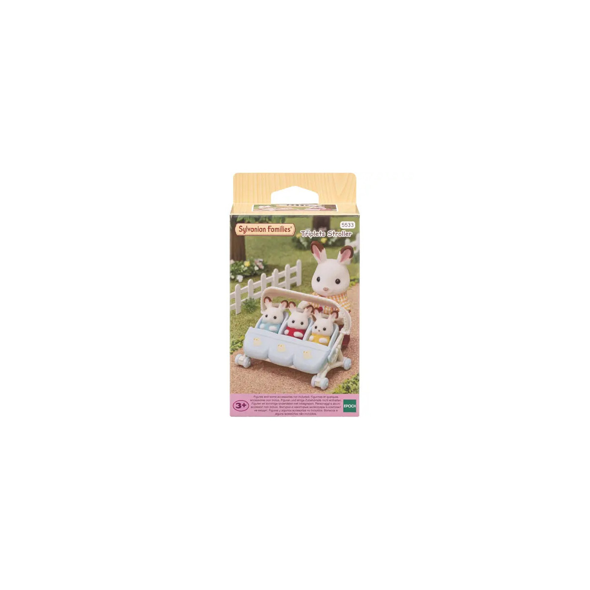 Sylvanian Families Drillinge im Kinderwagen mit Haseneltern vor Gartenkulisse in Originalverpackung.