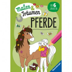 Cover: Mädchen umarmt braunes Pferd mit Schmetterlingen, Titel: Malen & Träumen – Pferde.