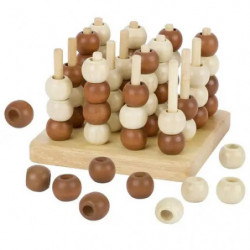 Holzernes 3D-Tic-Tac-Toe mit braunen und beigen Perlen, einige Spielsteine liegen neben dem Spielfeld.