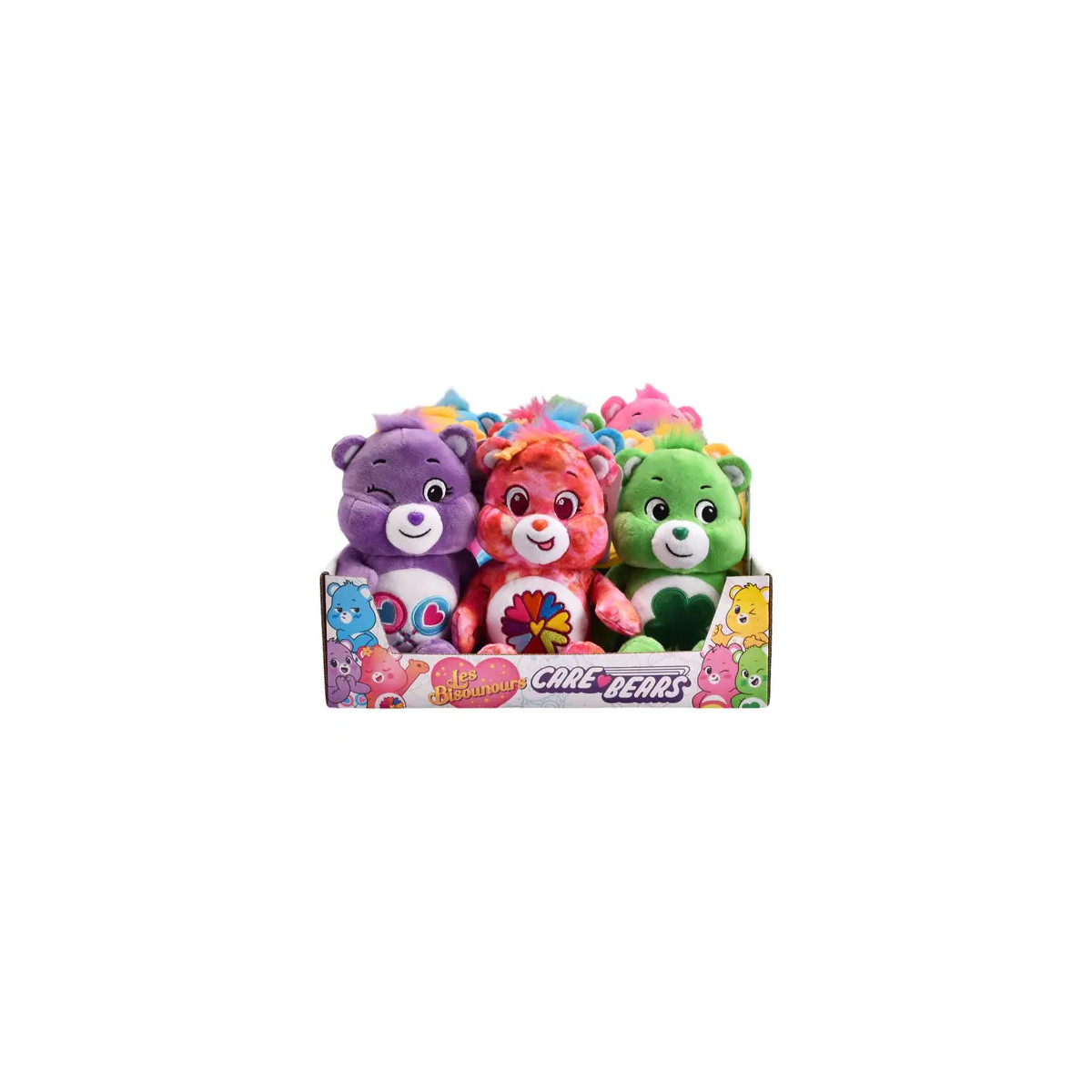 Drei bunte Care Bears Plüschtiere sitzen in einer Displaybox mit Care Bears-Branding und Grafiken.