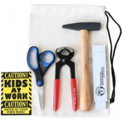 Set mit Schere, Zange, Hammer, Lineal, "Kids at Work"-Schild und weißem Beutel.