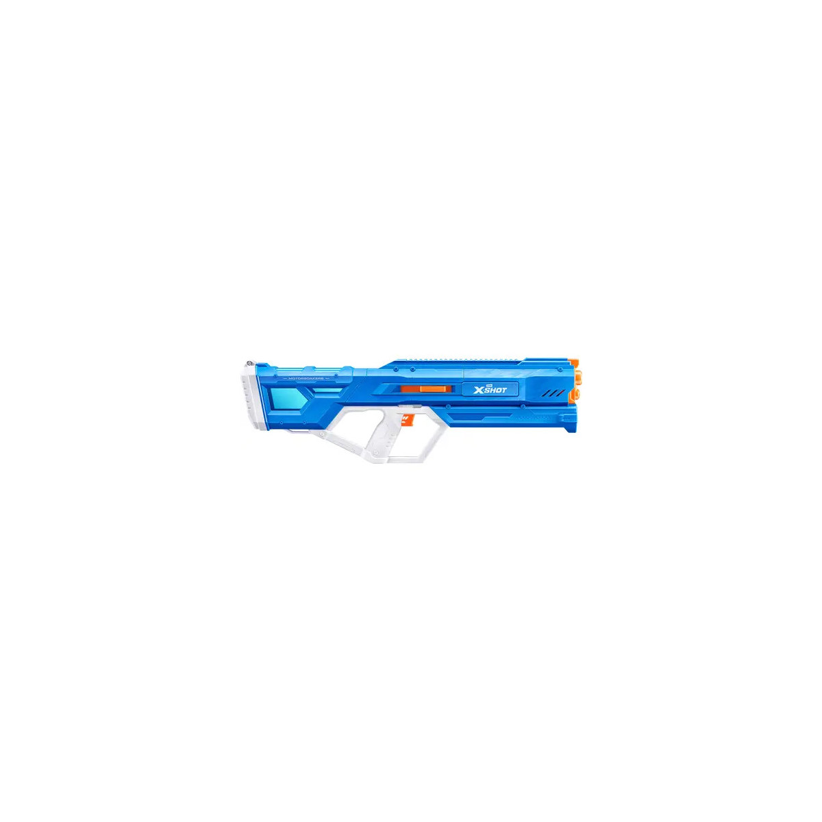 Blauer und weißer Dartblaster mit orangefarbenem Abzug, freigestellt vor weißem Hintergrund.