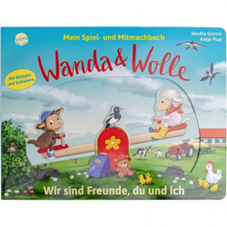Kinderbuchcover "Wanda & Wolle": Cartoon-Tiere und Kinder auf einem Spielplatz, deutscher Text.