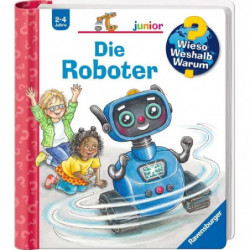 Kinderbuchcover: Blauer Roboter und zwei fröhliche Kinder, Titel "Die Roboter" (Deutsch).