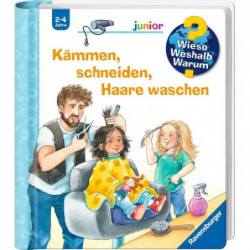 Zwei Kinder im Friseursalon: Ein Mädchen bekommt einen Haarschnitt, ein weiteres Kind wartet (Buchcover, Illustration).
