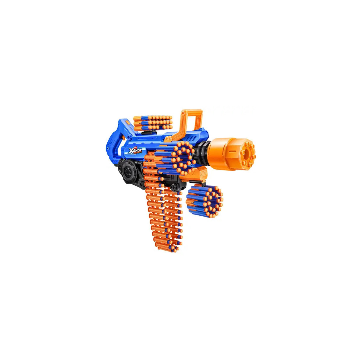 Spielzeug-Dartblaster mit orange-blauem Design und mehreren Schaumstoffpfeilen am Lauf und Gehäuse.
