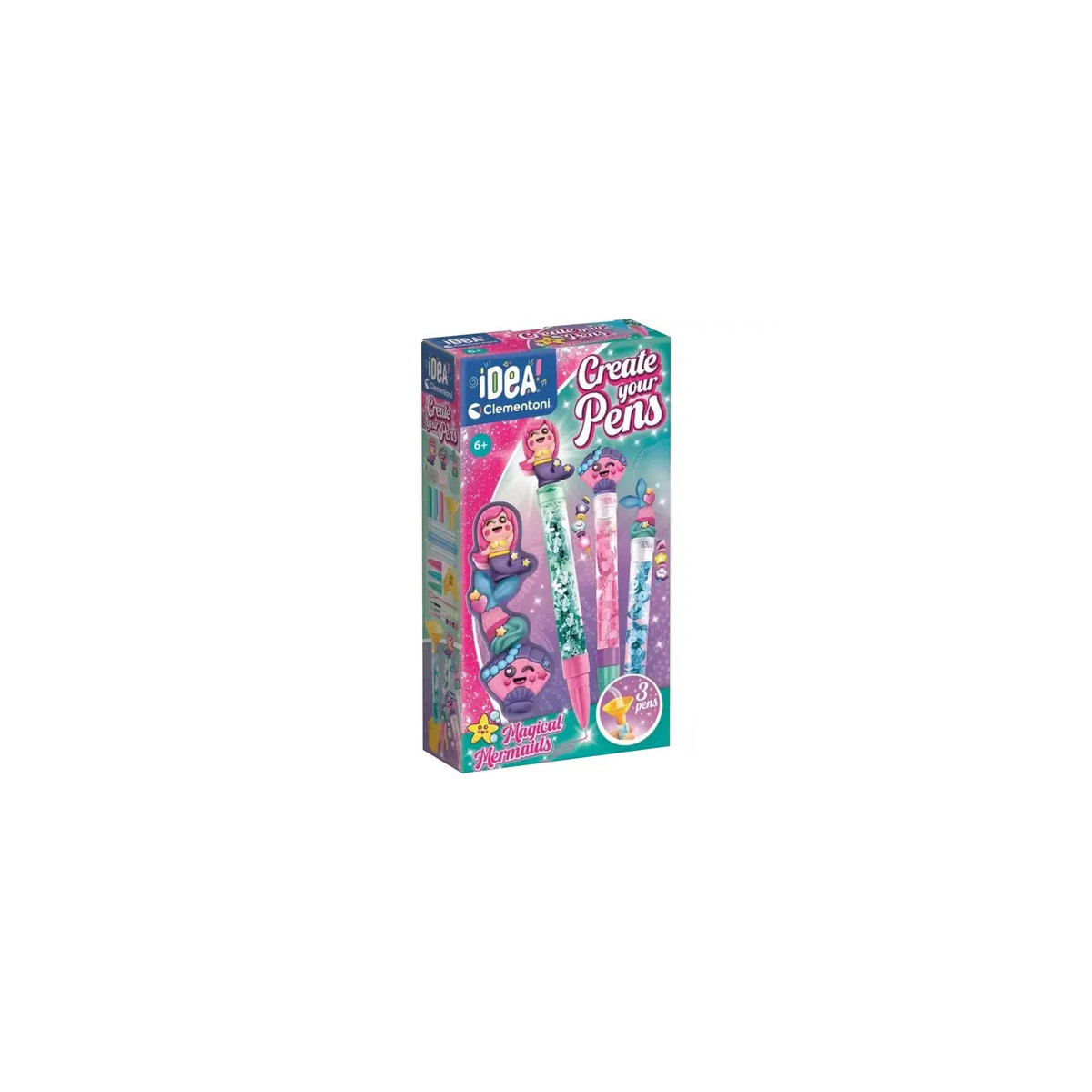 Bunte Bastelset-Box "Create Your Pens" mit Bildern von drei verzierten Stiften und verspielten Cartoon-Figuren.