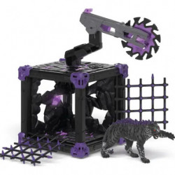 Spielset mit Käfig in Schwarz-Lila, Sägeblatt-Zubehör und kleinem Dinosaurier daneben.