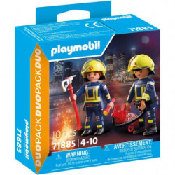 img_0:Playmobil-Set mit zwei Feuerwehrfiguren und Rettungsausrüstung vor einer Feuerszene.