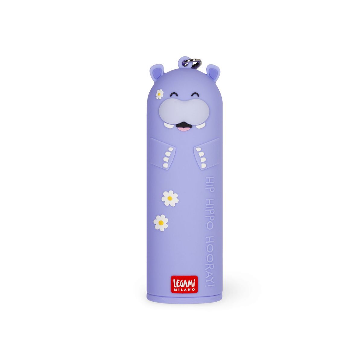 Lila Nilpferd-Etui mit weißen Blumen, lächelndem Gesicht und "Hip Hippo Hooray!"-Schriftzug an der Seite.