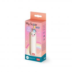 img_0:Powerbank im weißen Einhorn-Design in pinker, regenbogenverzierter Box mit Aufschrift "My Super Power".