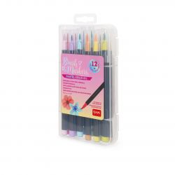 Klares Etui mit 12 Pastell-Brushmarkern, bunter Etikettierung und Blumenmotiv auf der Vorderseite.