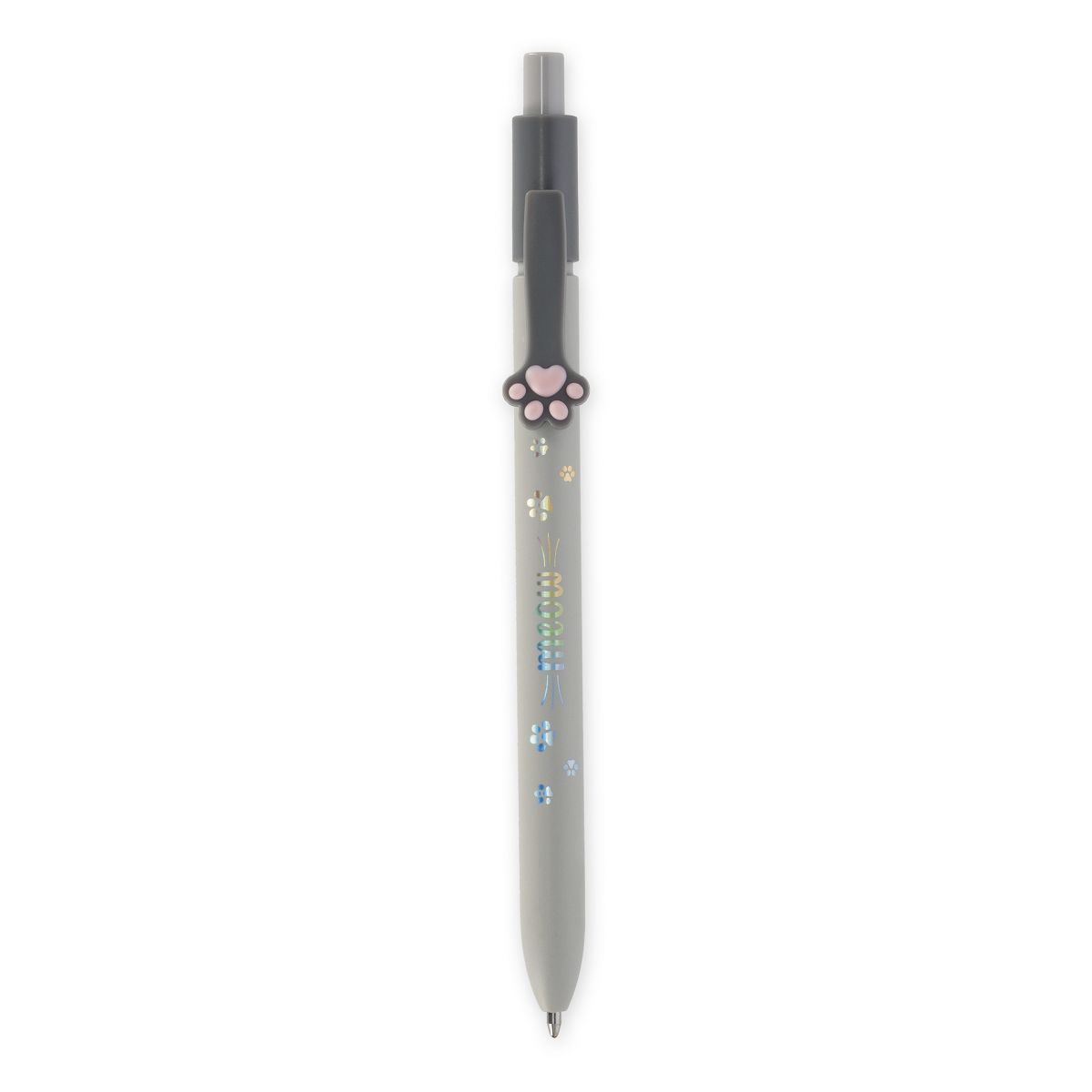 Grauer Stift mit holografischen Pfotenabdrücken und einem rosa-schwarzen Pfoten-Clip am oberen Ende.