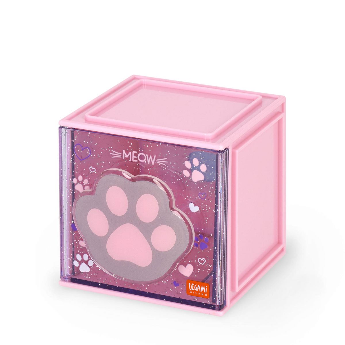 Pink-lila Box mit Katzenpfoten-Design, Herzmotiven und dem Schriftzug "MEOW" auf der Vorderseite.