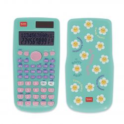 Wissenschaftlicher Taschenrechner in Mintgrün mit Blumenhülle und Knöpfen in Pink, Lila und Weiß.