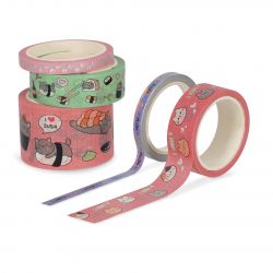 Vier Deko-Tapes mit Katzen- und Sushi-Motiven in Pink, Grün und Lila.