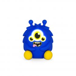 Blaues, cartoonartiges Monstertier mit drei gelben Augen, gelben Füßen und herausgestreckter Zunge.