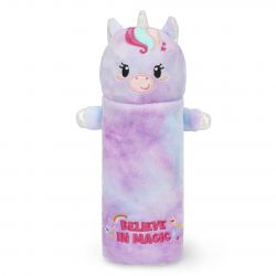 Plüsch-Einhorn-Flaschenhülle mit "Believe in Magic"-Text und lila-blauem Batikmuster.