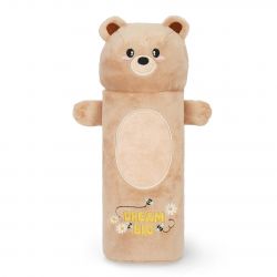 Plüschbären-Handpuppe mit "Dream Big" und Blumen bestickt, steht aufrecht.