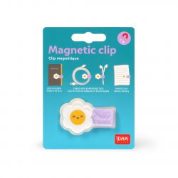 Magnetclip mit lächelndem Blumenmotiv in lila Verpackung, geeignet für Stifte, Kabel oder Papier.