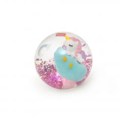 Klarer Flummi mit Einhornfigur, pinkem Glitzer und Regenbogenillustration auf der Oberfläche.
