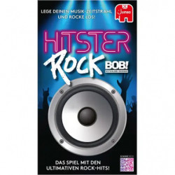 img_0:Spielbox für Hitster Rock Bob! mit Lautsprechergrafik und neonblauer sowie pinker Schrift auf schwarzem Hintergrund.