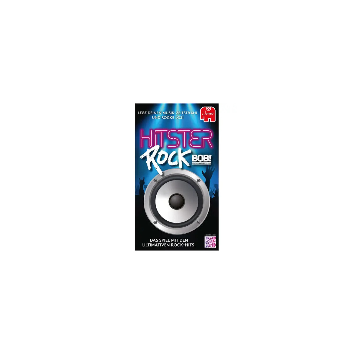 Spielbox für Hitster Rock Bob! mit Lautsprechergrafik und neonblauer sowie pinker Schrift auf schwarzem Hintergrund.