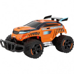 img_0:Oranger ferngesteuerter Monstertruck mit schwarzen Rädern und blauem Spoiler vor weißem Hintergrund.