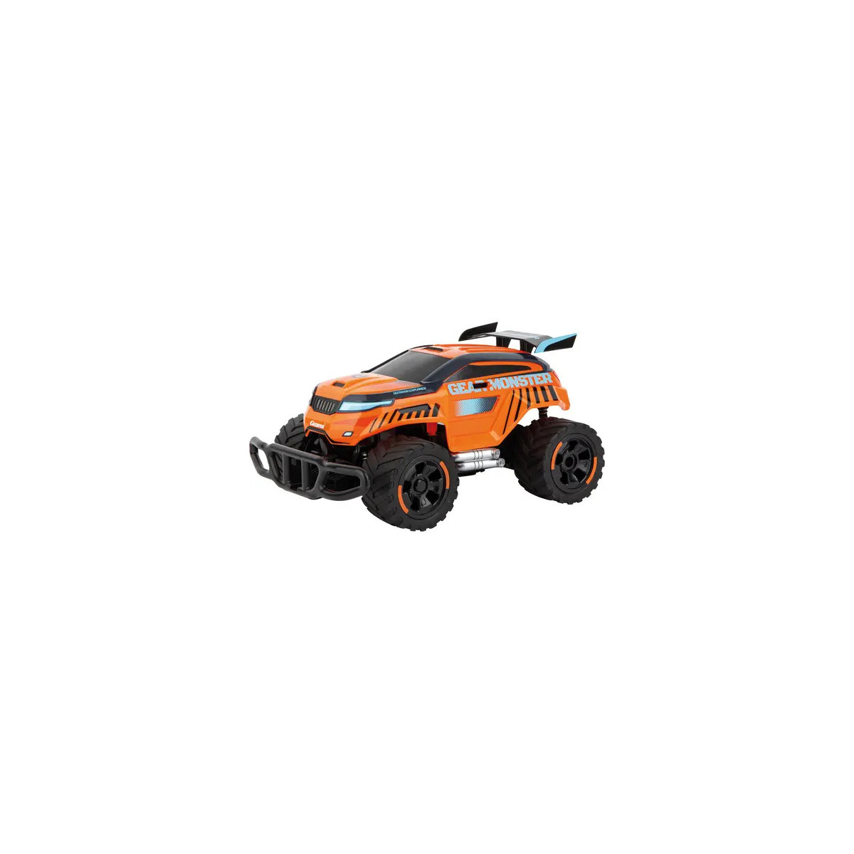 Oranger ferngesteuerter Monstertruck mit schwarzen Rädern und blauem Spoiler vor weißem Hintergrund.